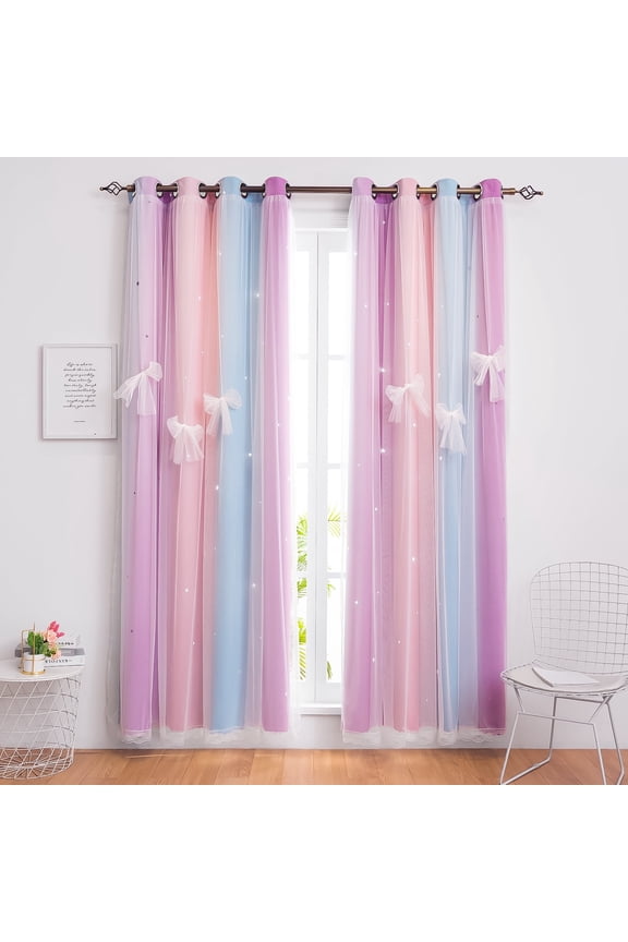 Blackout Curtains for Girls Kids Bedroom, Colorful Double Layer Star Cut Out Curtains for Girls Room Nursery Home Decor, 52''x 63'', 1 Panel