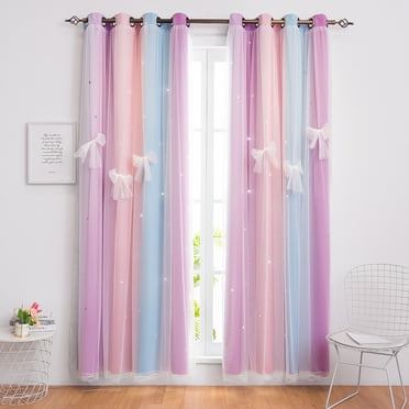 Blackout Curtains for Girls Kids Bedroom, Colorful Double Layer Star Cut Out Curtains for Girls Room Nursery Home Decor, 52''x 63'', 1 Panel