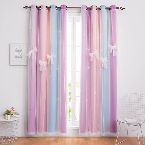 CshidWorld Blackout Curtains for Girls Kids Bedroom, Colorful Double Layer Star Cut Out Curtains for Girls Room Nursery Home Decor, 52''x 63'', 2 Panels