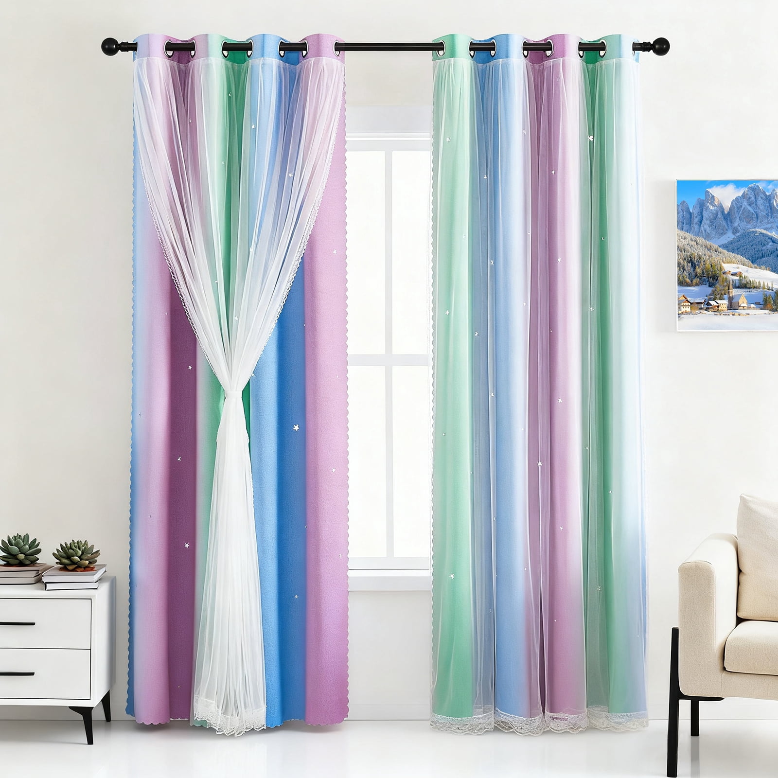 CshidWorld Blackout Curtains for Girls Kids Bedroom, Colorful Double Layer Star Cut Out Curtains for Girls Room Nursery Home Decor, 52''x 63'', 2 Panels