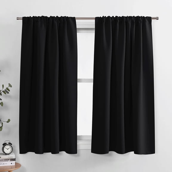 Blackout Curtains for Small Windows 45 inch, Thermal Insulated Kitchen Over Sink Bedroom Drapes, Rod Pocket Light Blocking Curtains 2 Panels, Black