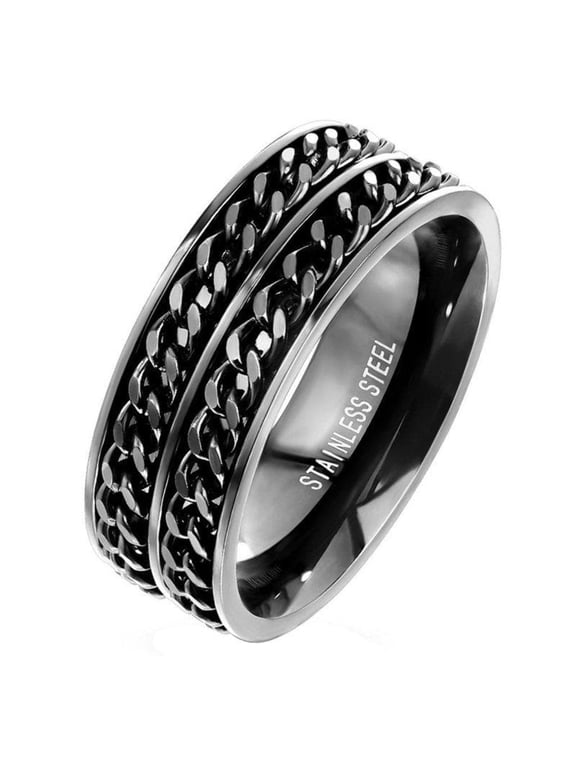 Blackout Double Chain Spinner Ring Mens Stainless Steel Anti Anxiety Fidget Band Fantasy Forge Jewelry
