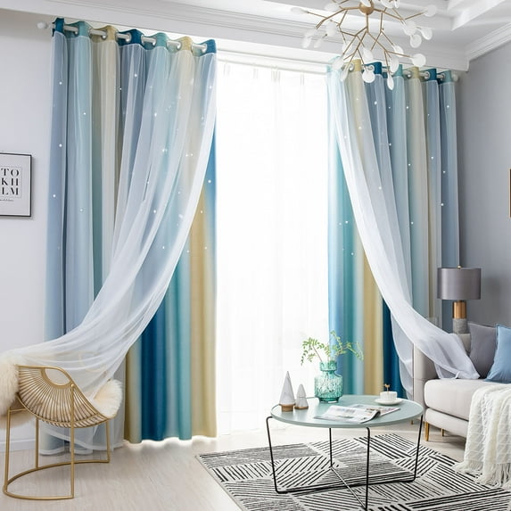 Blackout Double-Layer Curtains Thermal Ready Made Eyelet Ring-Starry Stars Curtain + Tulle