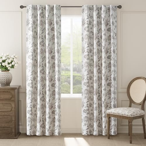 Blackout Floral Curtains for Bedroom, 84 Inches Long Printed Flower Black Out Cottage Core Curtains, Rod Pocket Back Tab Taupe Window Treatment Farmhouse Drapes Set 2 Panels