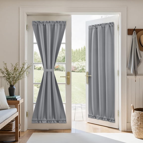 Blackout French Door Curtain, Privacy Door Window Curtains, Thermal Insulated Blinds with Tie Up for Front, Sidelight, Glassdoor, Light Gray, 26W X 72L Inch1 Panel