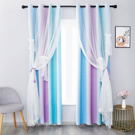 Psoiuetr Blackout Gradient Ombre Curtains for Kids Girls Bedroom Living Room Decor Rainbow Double Layers Star Cut Out Stripe Blue Purple Grommet Window Curtains,52"x63",1 Panel