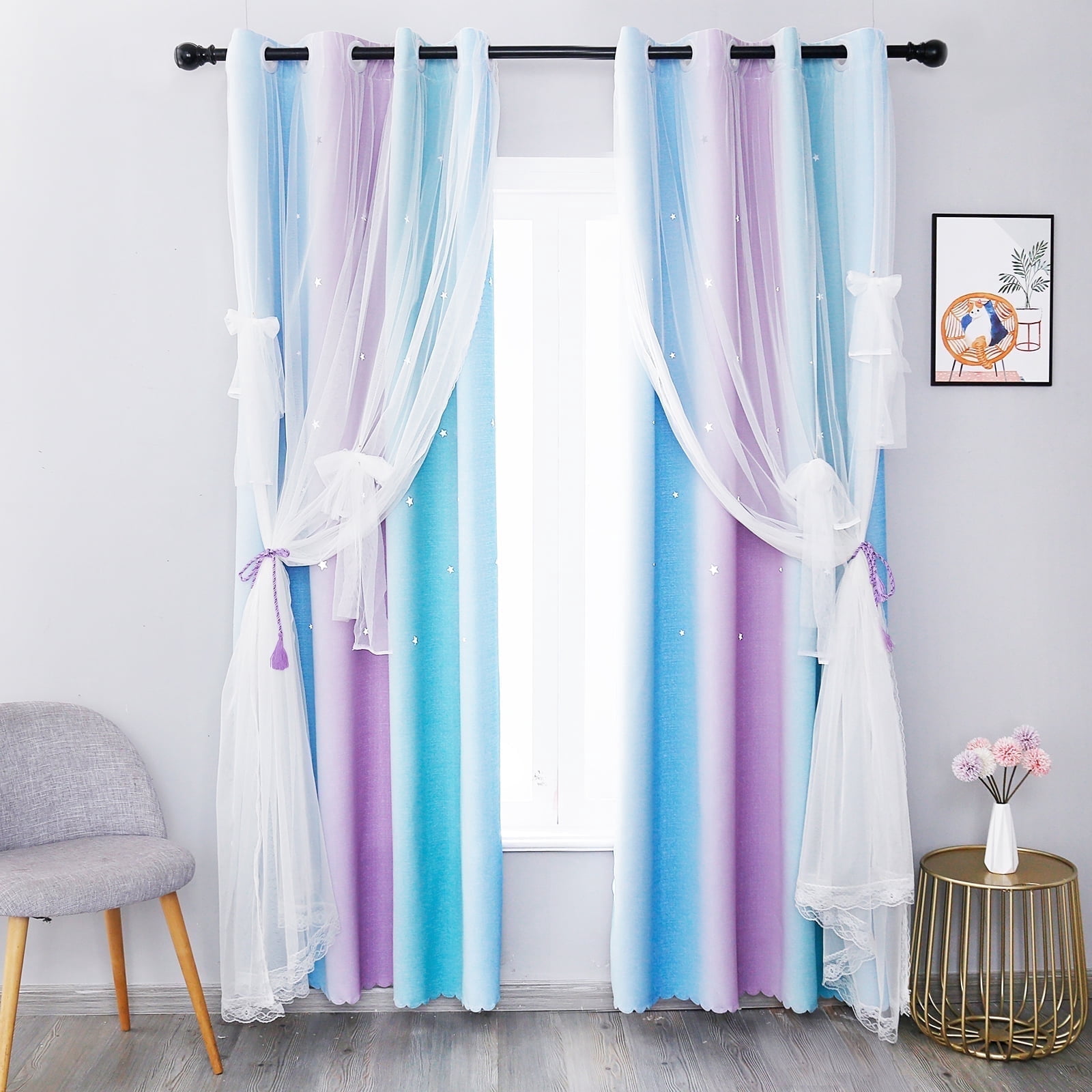 Psoiuetr Blackout Gradient Ombre Curtains for Kids Girls Bedroom Living Room Decor Rainbow Double Layers Star Cut Out Stripe Blue Purple Grommet Window Curtains,52"x84",1 Panel