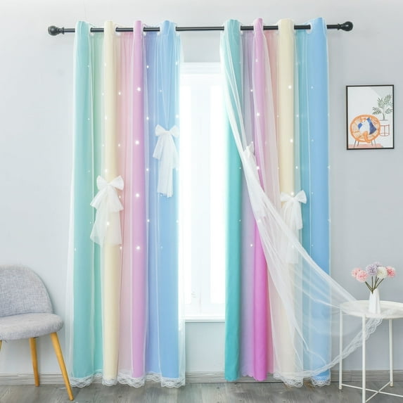 Psoiuetr Blackout Gradient Ombre Curtains for Kids Girls Bedroom Living Room Decor Rainbow Double Layers Star Cut Out Stripe Pink Blue Grommet Window Curtains,52"x63",1 Panel