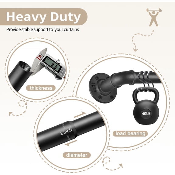 Blackout Industrial Curtain Rod 48–86", 1-Inch Pipe Wrap-Around Rod for Indoor/Outdoor Windows, Room Divider, Adjustable Black Curtain Rod
