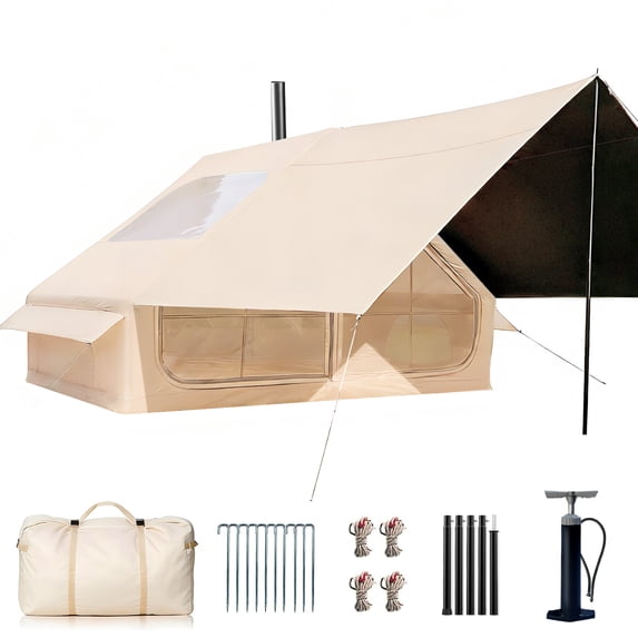 Blackout Inflatable Camping Tent with Awning, 4-6 Person 4-Season Waterproof Oxford Air Tent, Quick Setup Blow Up Tent with Hand Pump for Camping Glamping Hiking