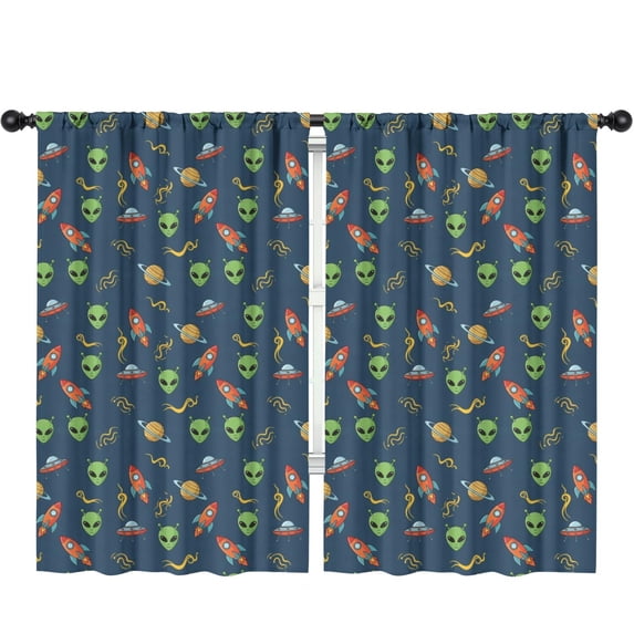 Blackout Kids Curtains,Alien Rocket Deep Blue Pattern Children's Insulated Curtains Set Of 2,Bedroom Essentials,Toddler Room Decor 52"x84"