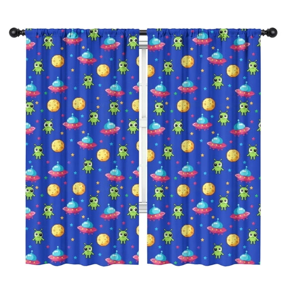 Blackout Kids Curtains,Alien UFO Bright Blue Pattern Children's Insulated Curtains Set Of 2,Bedroom Essentials,Toddler Room Decor 42"x84"
