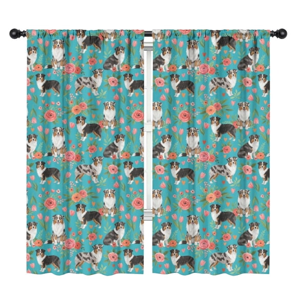 Blackout Kids Curtains,Australian Shepherd and Floral Children's Insulated Curtains Set Of 2,Bedroom Essentials,Toddler Room Decor 42"x84"