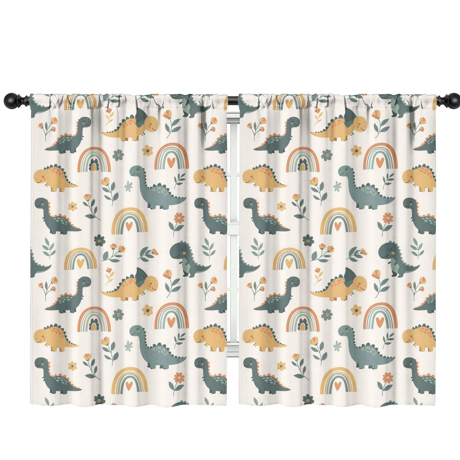 Blackout Kids Curtains,Beige Dinosaurs Rainbows Flowers Pattern Childrens Insulated Curtains Set Of 2,Bedroom Essentials,Toddler Room Decor 42"x63"