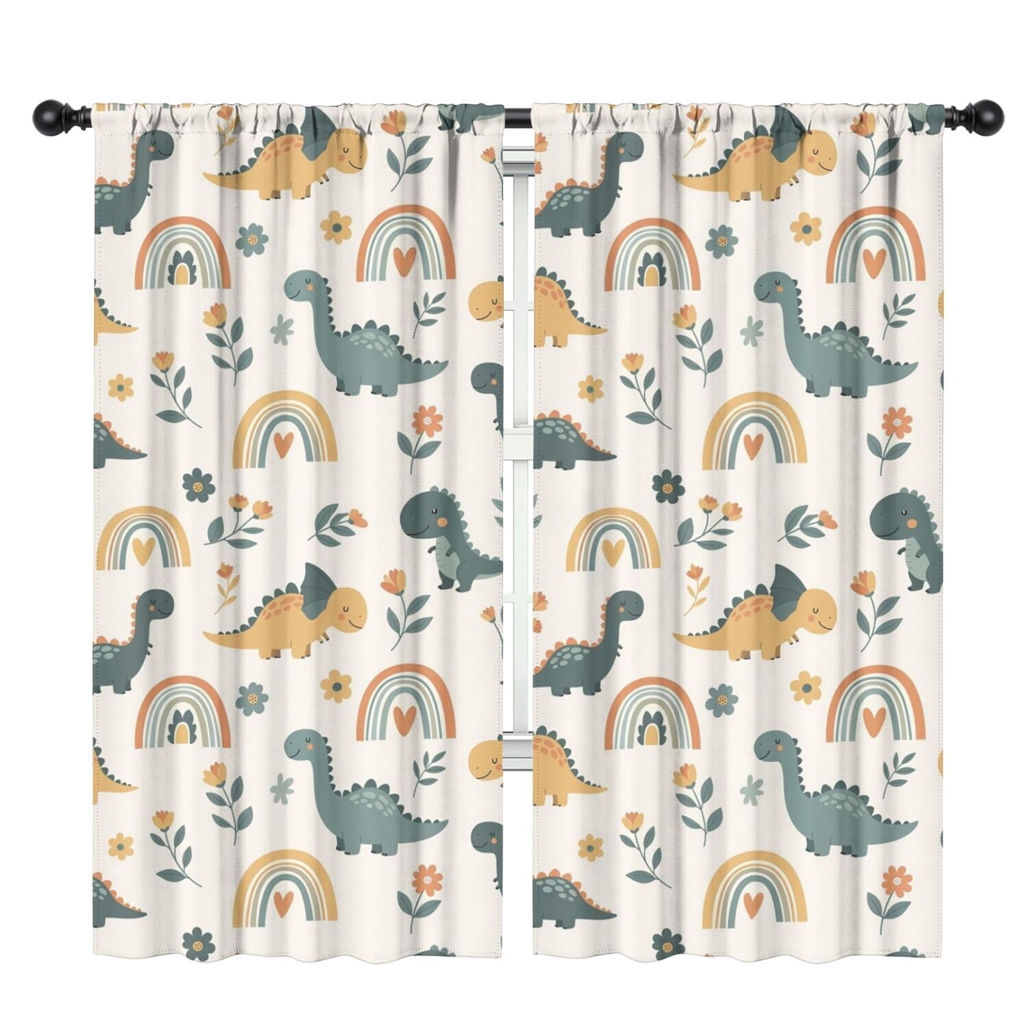 Blackout Kids Curtains,Beige Dinosaurs Rainbows Flowers Pattern