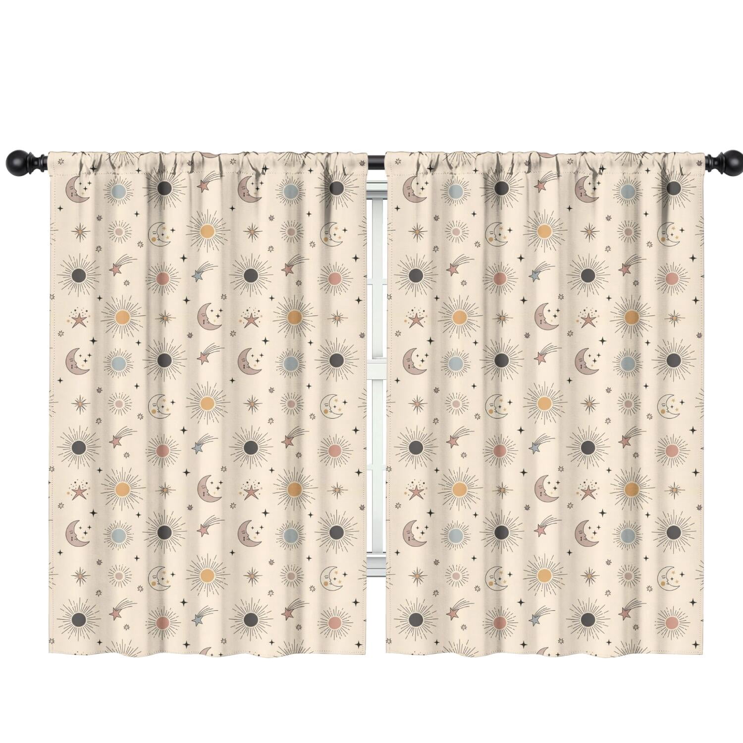 Blackout Kids Curtains,Beige Sun Moon Star Comet Pattern Childrens