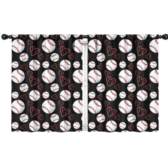 Blackout Kids Curtains,Black Baseballs and Hearts Pattern Childrens Insulated Curtains Set Of 2,Bedroom Essentials,Toddler Room Decor 42"x54"