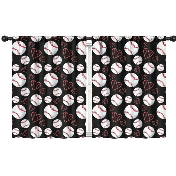 Blackout Kids Curtains,Black Baseballs and Hearts Pattern Childrens Insulated Curtains Set Of 2,Bedroom Essentials,Toddler Room Decor 42"x54"