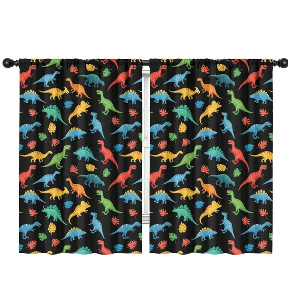 Blackout Kids Curtains,Black Cartoon Dinosaurs Colorful Leaves Pattern Childrens Insulated Curtains Set Of 2,Bedroom Essentials,Toddler Room Decor 42"x63"