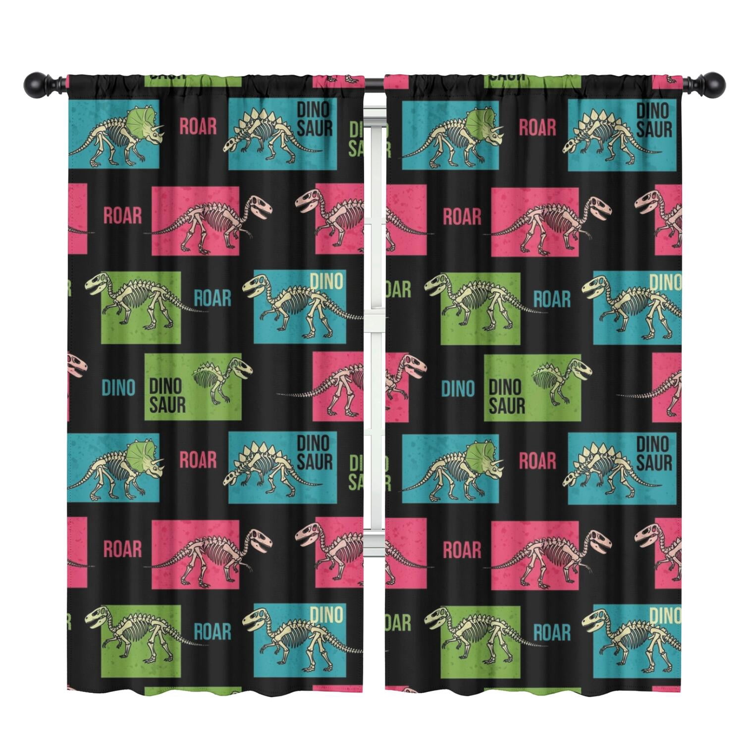 Blackout Kids Curtains,Black Cartoon Dinosaurs Skeletons Boxes Pattern Childrens Insulated Curtains Set Of 2,Bedroom Essentials,Toddler Room Decor 42"x84"
