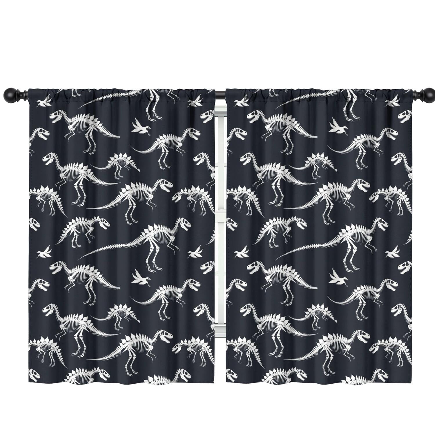 Blackout Kids Curtains,Black Cartoon Dinosaurs Skeletons Pattern Childrens Insulated Curtains Set Of 2,Bedroom Essentials,Toddler Room Decor 42"x63"