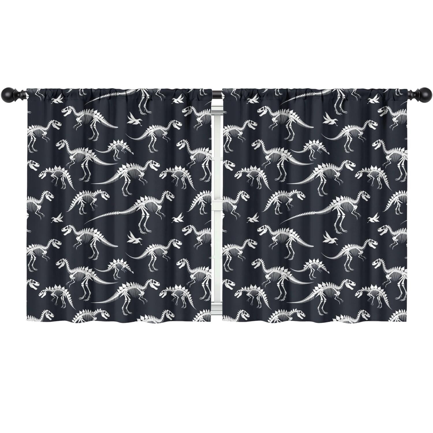 Blackout Kids Curtains,Black Cartoon Dinosaurs Skeletons Pattern Childrens Insulated Curtains Set Of 2,Bedroom Essentials,Toddler Room Decor 52"x63"