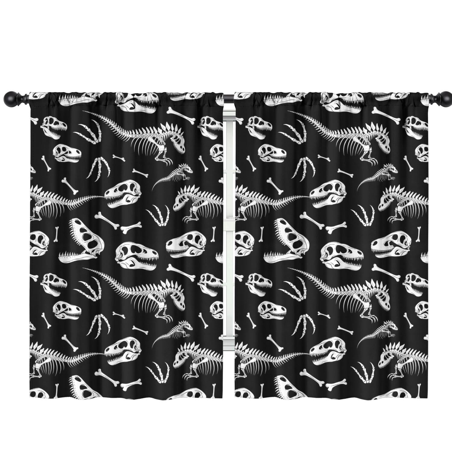 Blackout Kids Curtains,Black Cartoon Dinosaurs Skulls Skeletons Pattern Childrens Insulated Curtains Set Of 2,Bedroom Essentials,Toddler Room Decor 42"x63"
