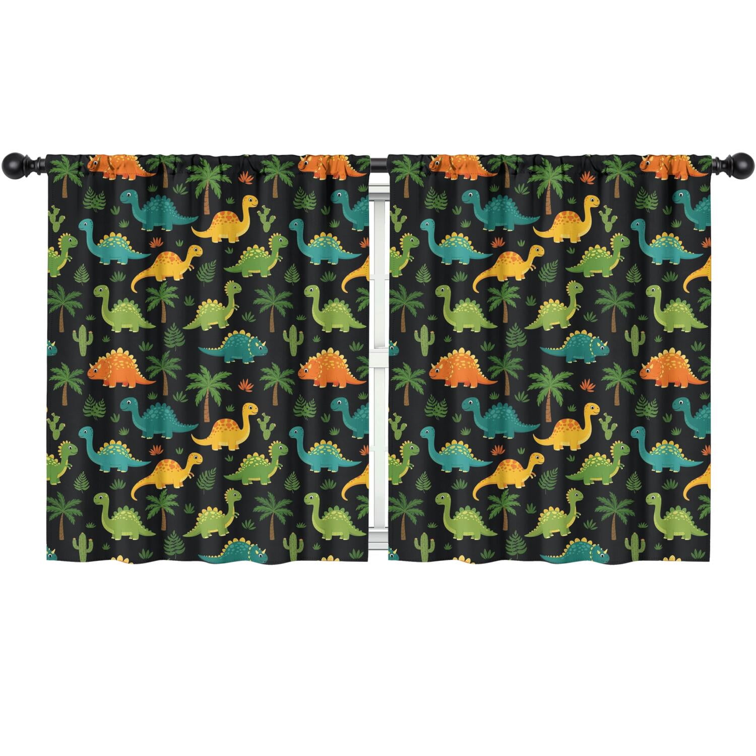 Blackout Kids Curtains,Black Colorful Dinosaurs Pattern Childrens Insulated Curtains Set Of 2,Bedroom Essentials,Toddler Room Decor 52"x63"