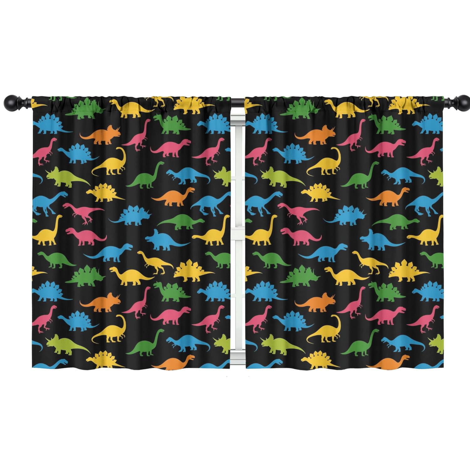 Blackout Kids Curtains,Black Colorful Dinosaurs Silhouette Pattern Childrens Insulated Curtains Set Of 2,Bedroom Essentials,Toddler Room Decor 42"x54"