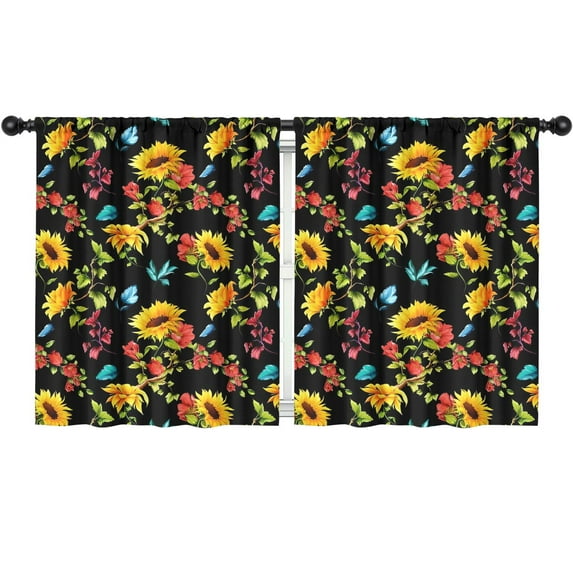 Blackout Kids Curtains Black Colorful Flower Leaf Sunflower Pattern