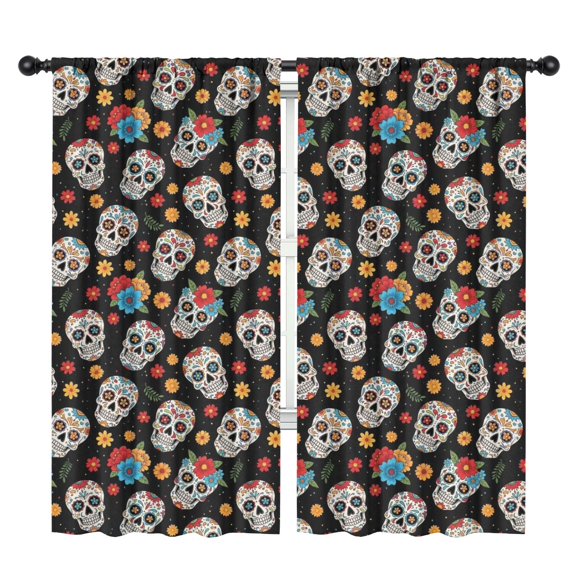 Blackout Kids Curtains,Black Colorful Skull Flower Pattern Childrens Insulated Curtains Set Of 2,Bedroom Essentials,Toddler Room Decor 42x84in(106x213cm)
