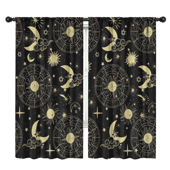 Blackout Kids Curtains,Black Gold Sun Moon Star Pattern Childrens Insulated Curtains Set Of 2,Bedroom Essentials,Toddler Room Decor 42x84in(106x213cm)