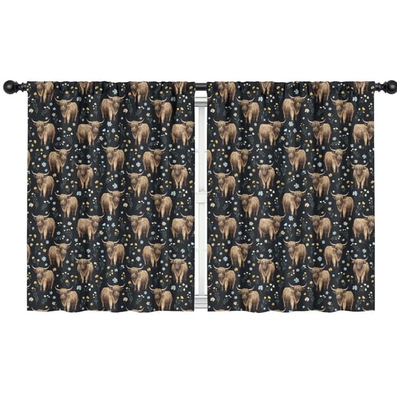 Blackout Kids Curtains,Black Highland Cow Flower Pattern Childrens Insulated Curtains Set Of 2,Bedroom Essentials,Toddler Room Decor 42"x54"