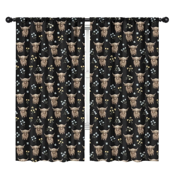Blackout Kids Curtains,Black Highland Cow Flower Pattern Childrens Insulated Curtains Set Of 2,Bedroom Essentials,Toddler Room Decor 42"x84"