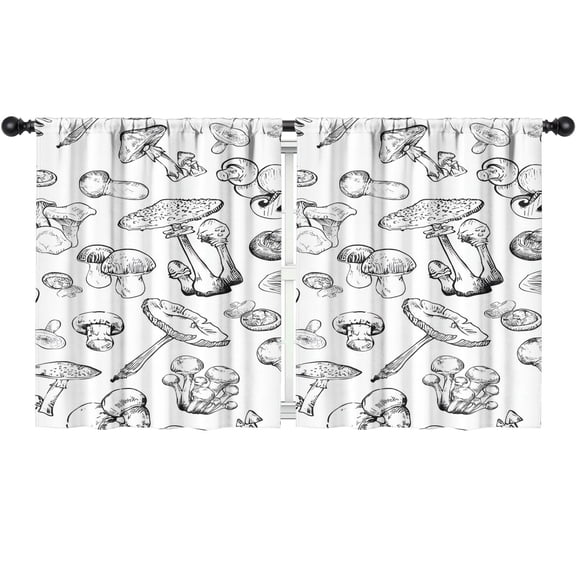 Blackout Kids Curtains,Black Mushroom Line White Pattern Childrens Insulated Curtains Set Of 2,Bedroom Essentials,Toddler Room Decor 52"x63"