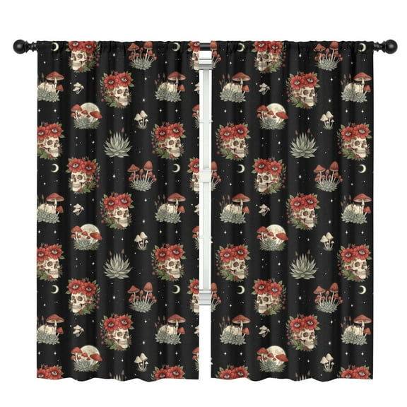 Blackout Kids Curtains,Black Skull Flower Mushroom Pattern Childrens Insulated Curtains Set Of 2,Bedroom Essentials,Toddler Room Decor 42"x84"