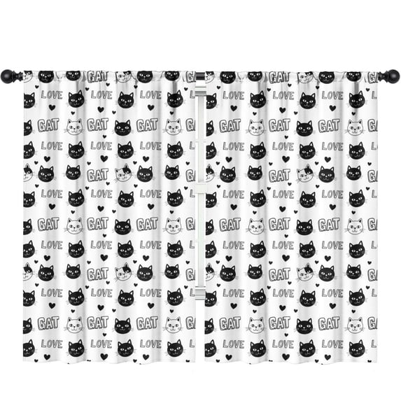 Blackout Kids Curtains,Black and White Cat and Heart Children's Insulated Curtains Set Of 2,Bedroom Essentials,Toddler Room Decor 52"x84"