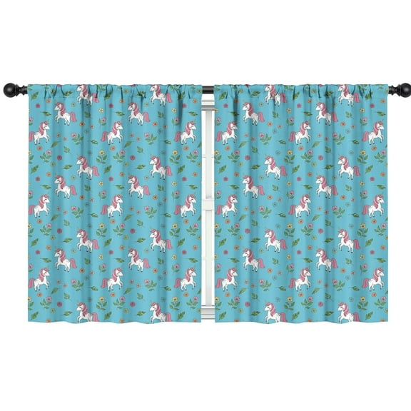 Blackout Kids Curtains,Blue Cartoon Unicorn Flower Leaf Pattern Childrens Insulated Curtains Set Of 2,Bedroom Essentials,Toddler Room Decor 42"x54"