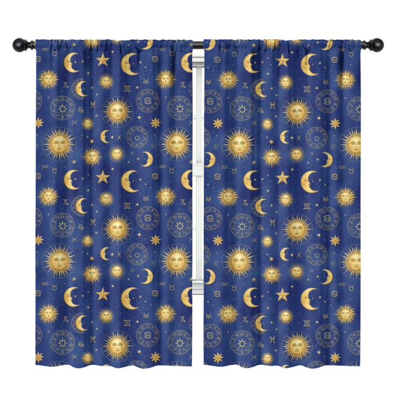 Blackout Kids Curtains,Blue Gold Sun Moon Star Zodiac Pattern Childrens Insulated Curtains Set Of 2,Bedroom Essentials,Toddler Room Decor 42"x84"