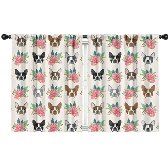 Blackout Kids Curtains,Boston Terrier Dog and Flower Florals Childrens Insulated Curtains Set Of 2,Bedroom Essentials,Toddler Room Decor 42"x54"(106x137cm)