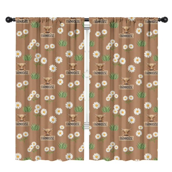Blackout Kids Curtains,Brown Highland Cow Flower Grass Pattern Childrens Insulated Curtains Set Of 2,Bedroom Essentials,Toddler Room Decor 42"x84"