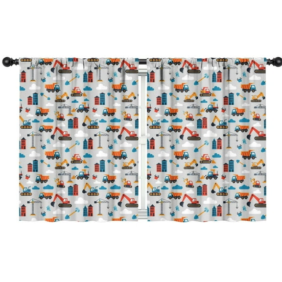 Blackout Kids Curtains,Cartoon Construction Vehicles Buildings Gray Pattern Childrens Insulated Curtains Set Of 2,Bedroom Essentials,Toddler Room Decor 42"x54"