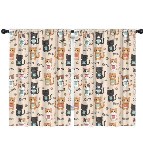 Blackout Kids Curtains,Cat and Cup Beige Pattern Children's Insulated Curtains Set Of 2,Bedroom Essentials,Toddler Room Decor 42"x63"