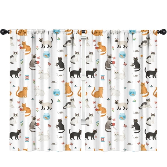 Blackout Kids Curtains,Cat and Fishbowl White Pattern Children's Insulated Curtains Set Of 2,Bedroom Essentials,Toddler Room Decor 52"x84"