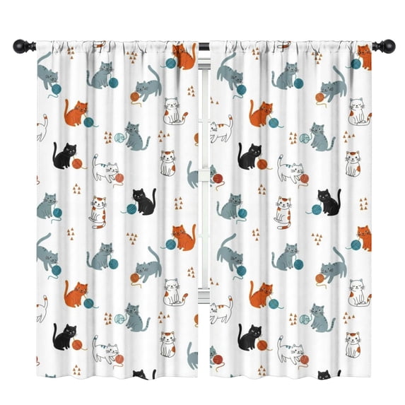 Blackout Kids Curtains,Cat and Yarn Ball White Pattern Children's Insulated Curtains Set Of 2,Bedroom Essentials,Toddler Room Decor 42"x84"