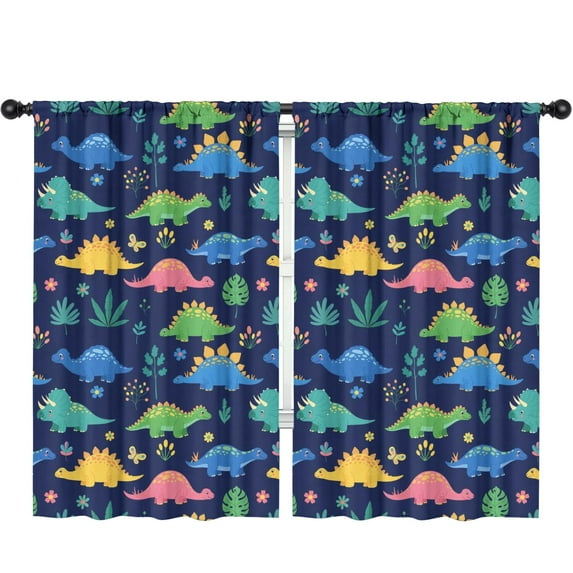Blackout Kids Curtains,Colorful Dinosaurs Plant Dark Blue Pattern Childrens Insulated Curtains Set Of 2,Bedroom Essentials,Toddler Room Decor 52"x84"