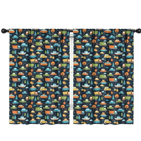 Blackout Kids Curtains,Dark Blue Cartoon Vehicles Tree Pattern Childrens Insulated Curtains Set Of 2,Bedroom Essentials,Toddler Room Decor 42"x63"