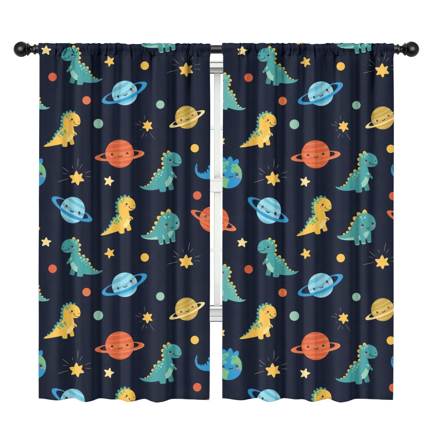 Blackout Kids Curtains,Dark Blue Dinosaurs Space Pattern Childrens Insulated Curtains Set Of 2,Bedroom Essentials,Toddler Room Decor 42"x84"