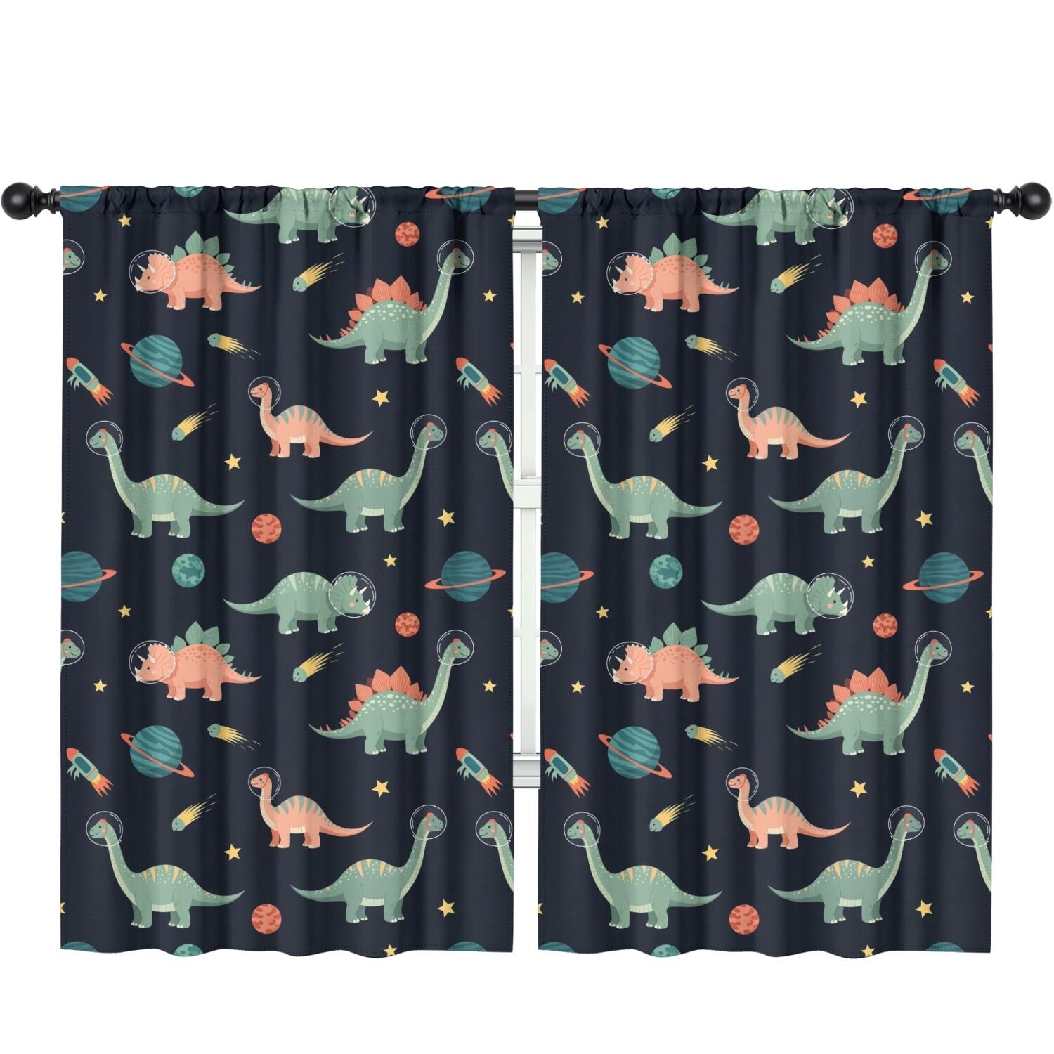 Blackout Kids Curtains,Dark Blue Dinosaurs Space Pattern Childrens Insulated Curtains Set Of 2,Bedroom Essentials,Toddler Room Decor 52"x84"
