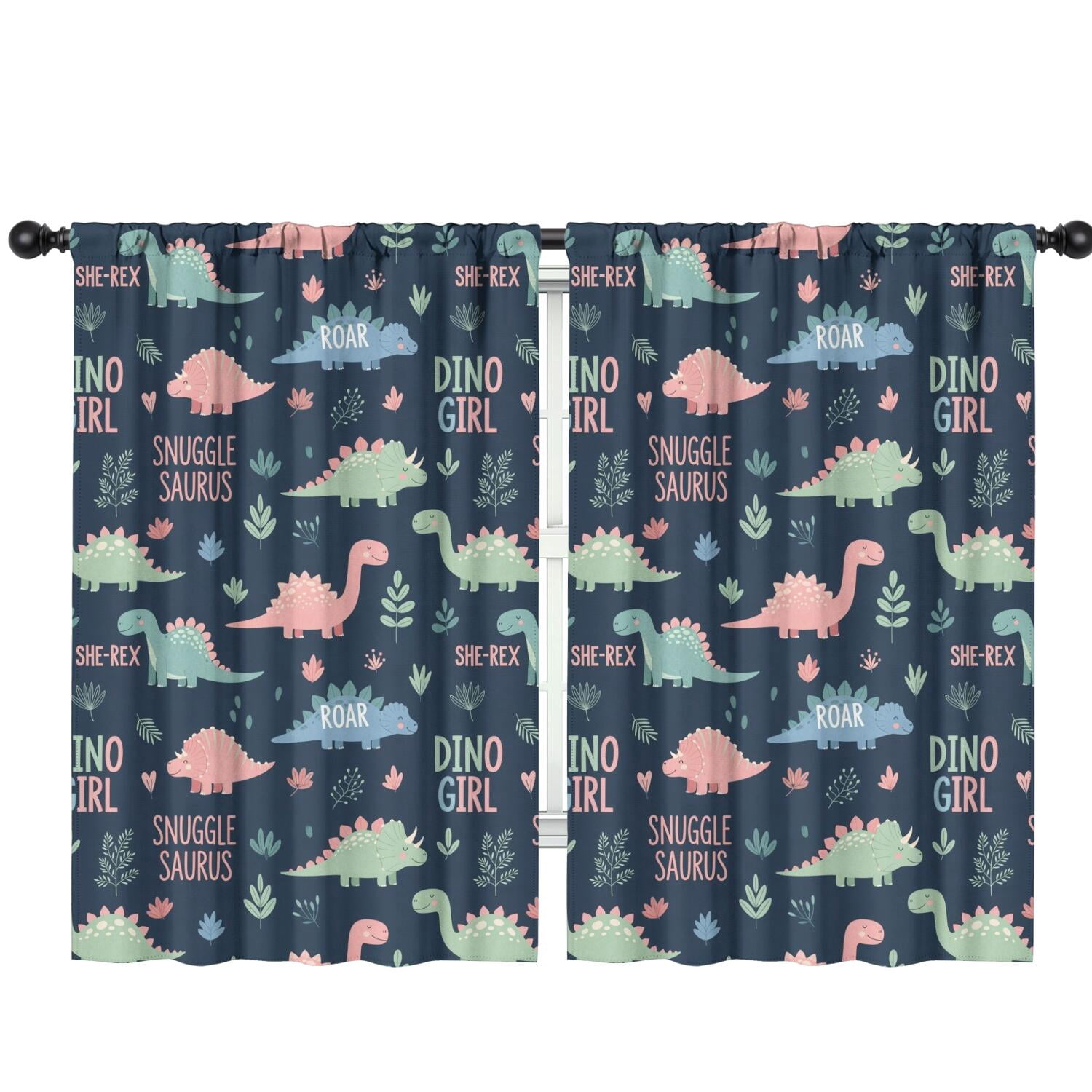 Blackout Kids Curtains,Dark Blue Girl Themed Dinosaurs Pattern Childrens Insulated Curtains Set Of 2,Bedroom Essentials,Toddler Room Decor 42"x63"